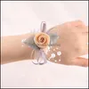 Charme Bracelets Bijoux De Mariée Fleur Bracelet Pour Femmes Poignet Ruban Rose Fleurs Perle Arc Demoiselle D'honneur Wedd Dhwkv