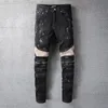 膝のデニムのための黒いジーンズ膝のデニムジッパースキニーフィットスリムな男メンズバイカーモトストレートビンテージディストレットダメージストレッチパンツ長い高品質のパッチワーク
