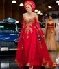 Luxury Red Arabic Evening Dress 2022 With Gold Lace High Neck Caftan Morrocan Prom Dresses Formal Party Wear Vestidos De Noche Robe De Mariee Vestido Gala Femme