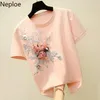 Neploe O Neck Flower Emboidery Pullover T 셔츠 여성 느슨한 인과 인과 분홍색 짧은 소매 티 여름 New Cutton Top 49174 210322