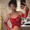 Kvinnotankar camis xingqing se genom spets topp sexiga kvinnor från axel tie up corsetier ärmlös v hals rave club bustier braswomen's
