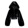 Kvinnors Tröjor Höst Vinter Faux Fur Bomber Teddy Coat Zipper Streetwear High Waist Furry Hooded Plush Jacket Cardiga