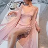 Women's Sleepwear Sexy Pink Rayon Wedding Robe Suspender Nightgown Two-piece Suit Women Spring Summer Intimate Lingerie Loose Home Dress