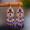 Ethnique Vintage violet perle cristal gland boucles d'oreilles pour femmes bohême creux fleur longue balancent boucles d'oreilles bijoux de fête de mariage