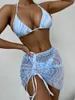 Costume da bagno donna Stampa Bikini 2022 Costume da bagno a triangolo Donna Gonna con scollo all'americana 3 pezzi Set Costume da bagno elegante Abbigliamento da spiaggia Biquini