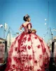 Fleurs rouges appliques robes de bal robes quinceanera 2022 au large de l'épaule princesse douce 16 vestiges de robe de 15 anos