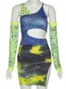 Robe de deux pièces Bizarre Puss Tie Dye Imprimer Sexy Femmes 3 Pièces Ensemble Débardeur Robe Gants Assortis Creux Irrégulière Fête D'anniversaire Clubwear Tenues 220924