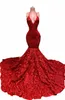 2022 Sexy Rouge Foncé Robes De Bal Halter Paillettes Dentelle Sirène 3D Floral Fleurs Dos Ouvert Profond Col En V Paillettes Soirées Formelles Robe Robes De Demoiselle D'honneur