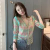 Patchwork Algyle rayas perla botón cuello en V cárdigan de punto coreano primavera caliente Vintage elegante dulce Casual mujer suéter