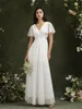 DHL Solid White Chiffon Loose Beach Summer Prom -jurken voor vrouwen Elegante Flare Short Sleeve Ribbon Belt Maxi Avond feestjurken Vestido