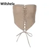 Willshela Frauen Fashion Solid Lace Up Bandage Cropped Tops Vintage Liebsten Schlank Fitting Sexy Weibliche Chic Dame Top 220318