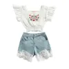 Citgeett Summer Kids Girls Clothing Set Floral Embroidery Flying Sleeves Square Collar Tops Beige Denim Short Jeans Clothing J220711