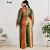 Kvinnors Plus Size Tracksuits Perl V-Neck Tie Färg Jumpsuit för Kvinnor Full Sleeve Wide Ben Rompers Loose Casual Total Höstkläder 4XL 5XL