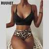 Ruuhee vrouwen zwempak geribbeld hoge taille vaste zwarte witte push omhoog bikini sets badmode vrouw met opgevuld badpak 210407