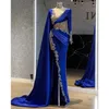 Nya blå sexiga eleganta aftonklänningar Långa ärmar med wrap -applikationer Högdelade arabiska kvinnor Prom Party -klänningar anpassade 2022242J