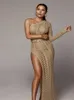 JRRY Sexy High Slit Knitted Dress One Shoulder Hollow Out Women Crochet es Long Crocheted Beach Vestidos 220613