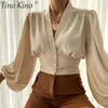 Cropped Lantern Sleeve Women's Shirt Deep V-neck Pleated Spring Summer Blouses Women Fashion Office Lady Shirts Tops 220513
