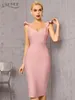 Adyce V Neck Pink BodyCon Bandage Dress for Women 2022 Summer Sexy Ruffles ärmlös Midi Celebrity Evening Runway Club Dresses 220507