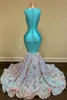 African Sparkly Lades Mermaid Prom Dresses Patroon Mouwloze lange speciale gelegenheid jurken Sheer Plunging Vneck avondjurk F4128982