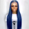 Glueless Dark Blue Color Synthetic Hair Spets Front Wig For Women Slky Straight Heat Resistant Fiber Daily Wigs 180density7977873