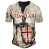 T-shirts pour hommes T-shirts masculins Imitation d'été Coton V Neck Bouton pour hommes Streetwear Knights Templar 3D Print Loose Sleeve