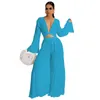 Work Dresses Casual Women Two Piece Tracksuits Long Flare Sleeve Deep V Neck Crop Top And Wide Leg Pants Fashion Club Matching Outfit SetsWo