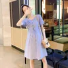 Maternity Summer Fashion Dress Fashion Embroidery Drawstring Waist Pregnant Woman Cotton Linen Dress Preppy Style Pregnancy Jersey J220628