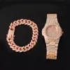 Kedjor 3st Rose Gold Necklace Watch Armband Hip Hop Miami Curb Cuban Chain Iced Out Paled Rhinestones CZ Bling For Men Jewelrychains Sidn2