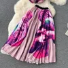 Runway Two Piece Dress Kjol Set Women's O-Neck Vintage Print Knit Topps Hög Elastisk midja A-Line Pleated Maxi kjoldräkt 2022