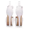 Chaussures habillées 14 cm dentelle blanche mariage femmes tête ronde plate-forme grande taille 40 41 talons hauts mariée fleur perles PumpDress