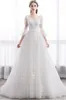 2022 New Dubai Elegant Long lace A-line Wedding Dresses Sheer Crew Neck flowers Appliques Beaded Vestios De Novia Bridal Gowns with Buttons