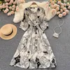 Aibeautyer Sommer A-Linie V-ausschnitt Blumen Druck Dame Volle Kleid Casual Einreiher Chiffon Pullover Frauen Kleider 220514