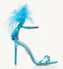 Mode av högsta kvalitet tunn klackade bröllopsklänning Sandal High Heels Luxury Design Woman Shoes Feather Sandal Concerto Sandalies 34-42 Box Super Gift
