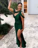 Sexy Side Split Mermaid Prom Dresses Eenvoudige Donkere Groen Satijnen Avondjurken Holle Uitgehold Lange Vloer Lengte Women Celebrity Feestjurk 2022