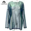 INGOO Vert Brillant Cyber Punk T-Shirts Femmes Night Club Sexy Mesh Voir À Travers Manches Longues Lâche Tops Noir Y2k Mode Streetwear 220516