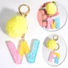 Rainbow Color Key Chain 26 English Alphabet Resin Letters Pendant With Plush Ball Charms Jewelry Bag Car Keyring For Women Girls