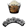 12PCS Halloween Laser Cutout Hollow Black Cups Cake Paper Edge Forniture per feste festive Decorazione Cat Tree Castle Bat Witch Spider Web YS0067