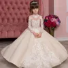 2022 Princesse Champagne Robes De Fille De Fleur Vintage À Manches Longues Sheer Ras Du Cou Appliques Ruché Tulle Mignon Fille Robes De Soirée Formelles Pageant Porte BC12715 C0526X2