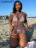 Multi Color Mesh Zie door strand mini -jurk vrouwen zomer sexy halter veter mouwloze borgless bodycon heup rok vakantie 220616