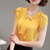 Blouses Femmes Chemises d'été Chemisier d'été Femme Chemise en mousseline de soie Bureau Travail Slim Tops Manches courtes Coréen Bow Neck Ruffle Jaune Rouge