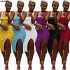 Kobiety letnie bez rękawów Side Spit dzianin Bodycon midi Tank Długość kolanowa Vintage Seksowne sukienki imprezowe vestidos