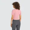 Al0lulu kvinnors nya yogatoppar runda nacke yoga kläder andas sport kortärmad stretch smal t-shirt beskuren topp