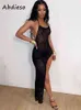 Abdieso Backless Print Mesh Maxi Bodycon Dress Donna Sexy senza maniche 2022 Halter Summer Split See Through Prom Party Dresses Y220401
