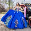 2022 Royal Blue Quinceanera Klänningar Sweetheart Appliqued Sequined Bead Mexican Sweet 15 Klänningar Puffy Kjol Vestidos 16 Anos