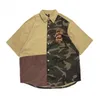 Männer Casual Hemden Streetwear Farbe Block Patchwork Kurzen Ärmeln Harakuju Übergroße Button Up Bluse Männlich High StreetMen's