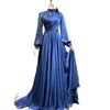 Royal Bue Moroccan Kaftans Prom Dress 2022 Long Sleeve High Neck Lace Beaded Muslim Caftan Arabic Evening Formal Gowns