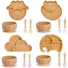 4pcs Childrens Sweeware Suctic Plate Bowl Bould Baby Footing Bands Spoon Fork Sets Bamboo Plate for Kids Tableware 220715