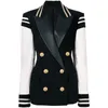 High Street Fashion Elegante Blazer Varsity Jacket Funda de cuero de mujer Patchwork Lion Buttons Blazer 220401
