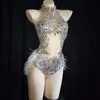 Stage Wear Sparkly Silver Crystals Mesh Bodysuit Feather Leotard Outfits Women Bar Dance Party Costume Celebrate Clothes DT373Stage