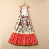 2022 Summer Fall Spaghetti Strap V Neck Cotton Retro Polka Dot Vegetable Print Panelled Long Maxi Dress Elegant Casual Dresses 22Q280029